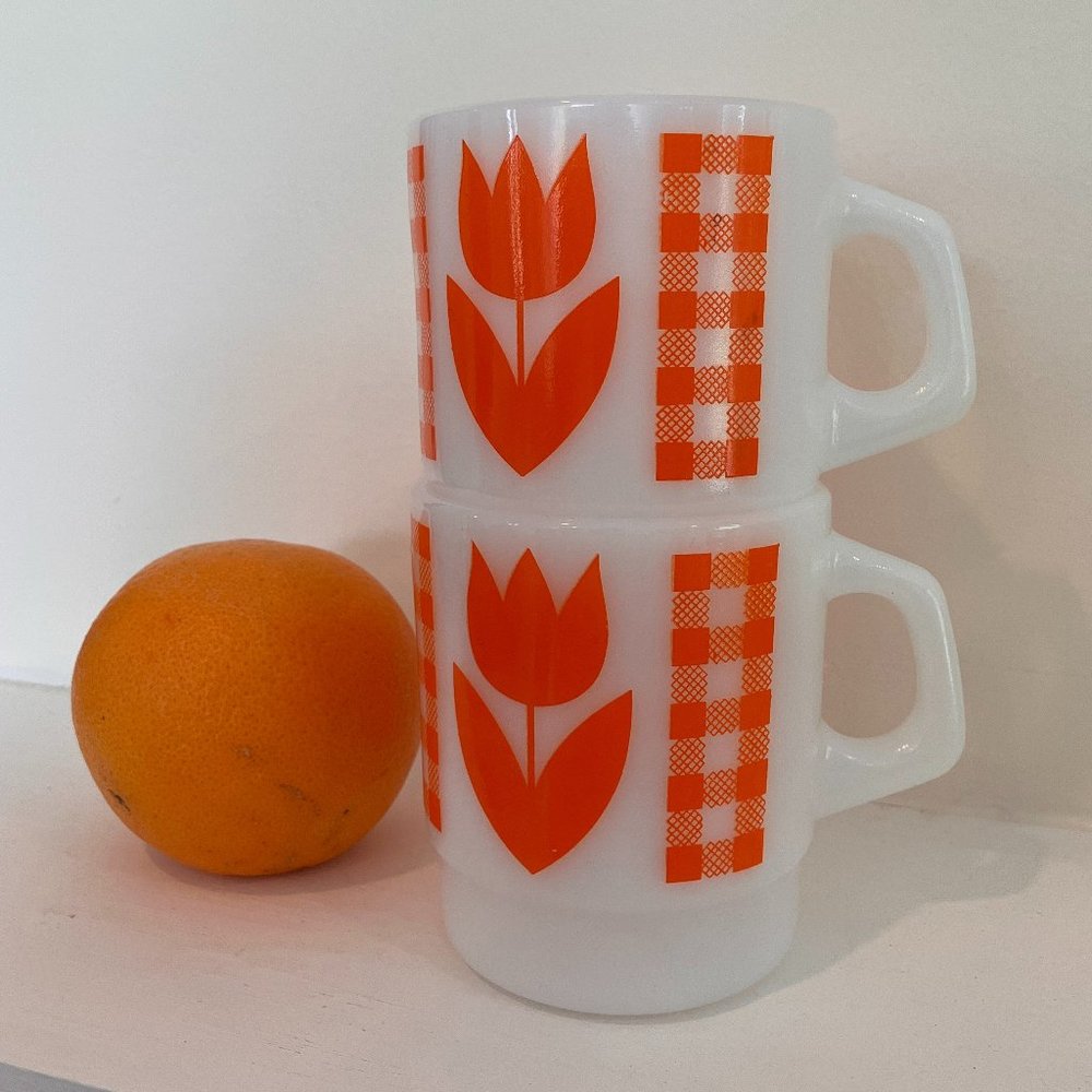 Vintage Termocrisa Orange Flowered Mugs featuring Tulip Motif - 1950's